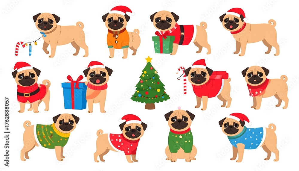 Obraz premium Pug dogs in Christmas attire
