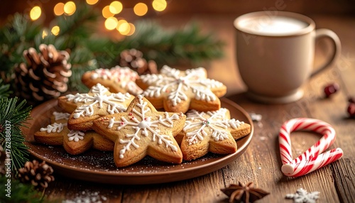 A festive plate of homemade star-shaped snowflake cookies with a warm beverage, candy cane, and Christmas decorations on a rustic wooden table
