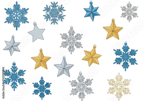 Assorted snowflakes and star ornaments