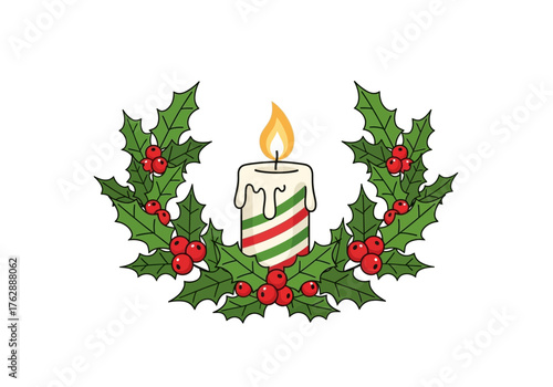 Candle with a red  green candycane stripe in a holly wreath with berries and a flame