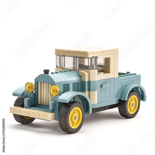 3d illustration of a charming vintage pickup truck crafted from building blocks, isolated on white background, showcasing its unique design