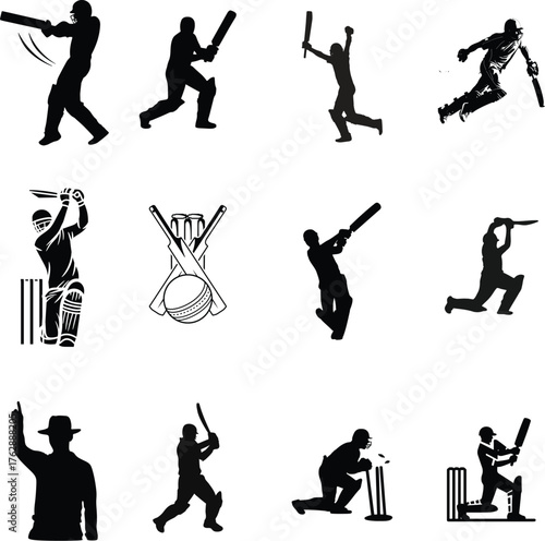 Cricket Player Silhouette Set – Vector Sports Icons of Batsman, Bowler, and Fielder in Action with Cricket Bat, Ball, and Wicket for Logo Design, Poster, and Team Branding Projects