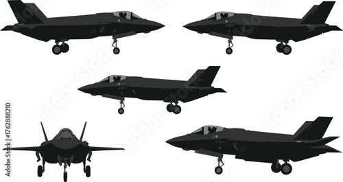 Modern stealth fighter jet aircraft vector illustration, military aviation design, jet plane silhouette front and side view, defense technology concept, editable CAD drawing