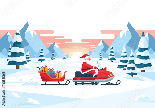 Cartoon Santa on a snowmobile pulling a sleigh of gifts through a snowy mountainous landscape at sunset