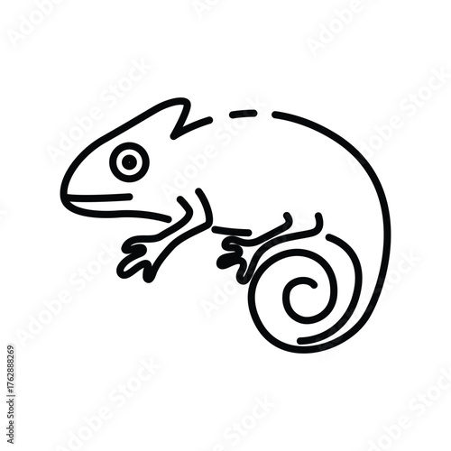 Black outline drawing of a chameleon It has a curled tail and a round eye