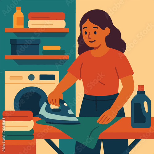 Woman Ironing Clothes in Laundry Room