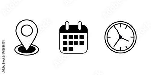 Set of black and white line icons: a location pin, a calendar, and a clock. Represents the essential elements of scheduling, appointments, and event details.