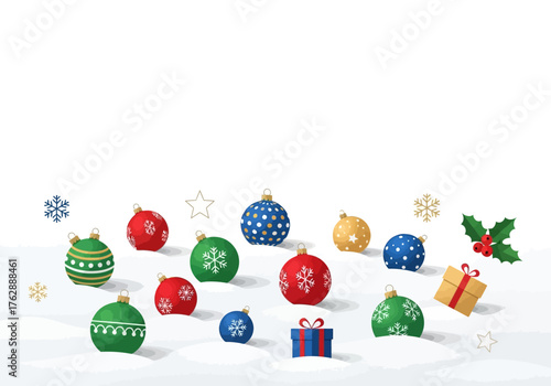 Christmas ornaments and gifts in snow Red green and blue ornaments plus presents stars and snowflakes Festive holiday scene