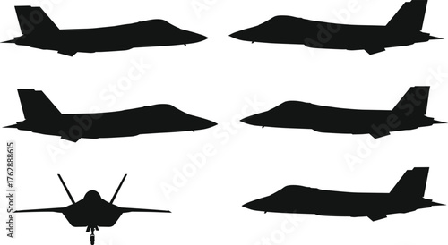 Modern military fighter jet silhouette collection, stealth aircraft design, aviation technology concept, black jet airplane outline, warplane side view illustration