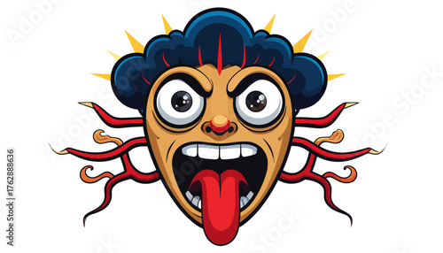 A vector illustration of a cartoonish, exaggerated face with wide eyes, an open mouth, a tongue sticking out, and tentacle-like appendages, isolated on a transparent background.