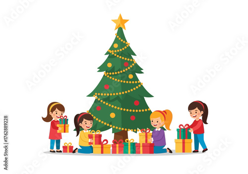 Four girls are placing presents around a Christmas tree