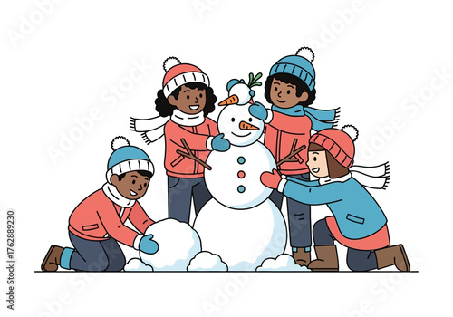 Four children build a snowman wearing hats coats and scarves in a snowy outdoor setting