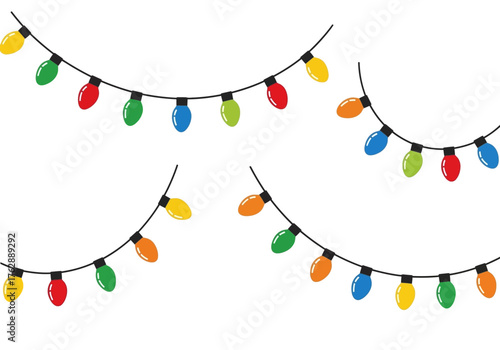 Four strings of colored Christmas lights dangle against a white background