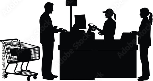 Silhouette of cashier and customer at checkout counter with shopping cart, retail store payment scene, supermarket people vector illustration