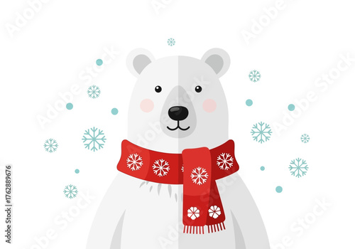 Polar bear with red scarf surrounded by snowflakes on white