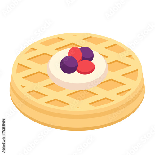 Waffle with Cream and Berries Vector Illustration