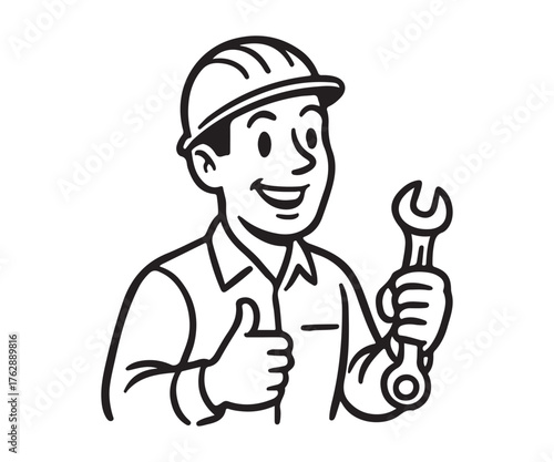 Cartoon handyman giving thumbs up with wrench in hand, ready to fix anything you need with a smile and positive attitude, great for service ads
