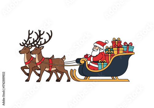 Santa Claus rides in a sleigh with gifts pulled by two reindeer