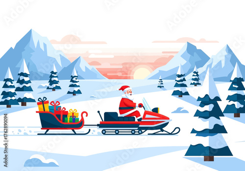 Santa on a snowmobile towing a giftfilled sleigh with snowy trees mountains and a sunrise in the background