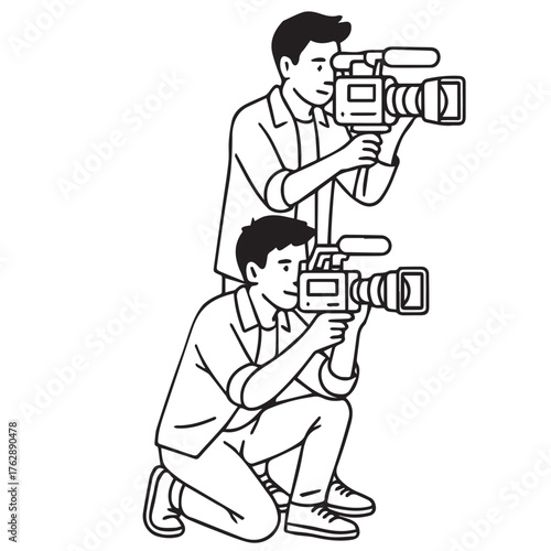 A black and white vector design depicting two journalists with cameras recording an event, representing media coverage, urgency, and the pursuit of authentic reporting.