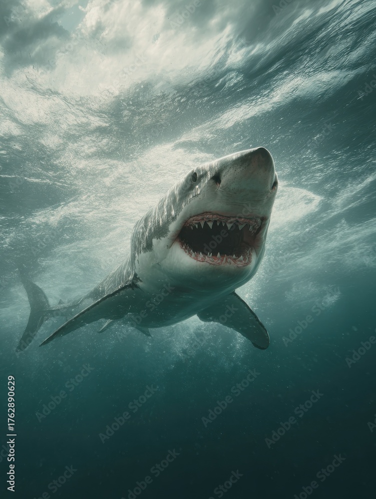 Obraz premium a shark is swimming in the ocean with its mouth open