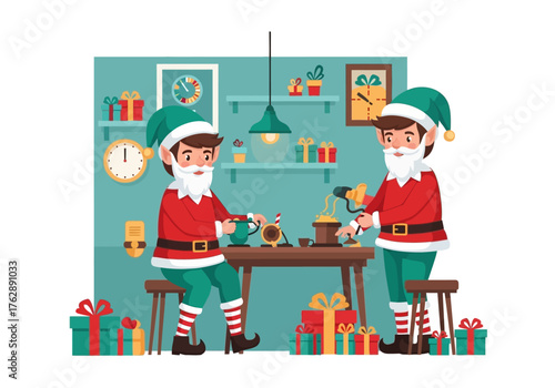 Two cartoon elves at a desk with tools and gifts in an indoor scene