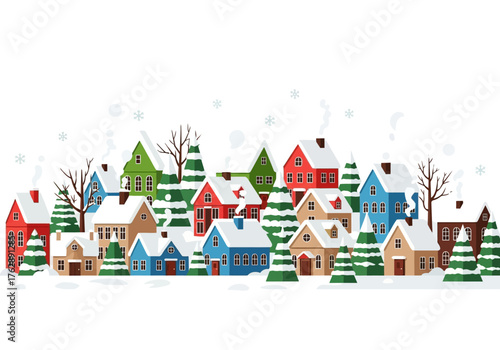 Winter village scene with colorful houses snowcovered roofs and evergreen trees