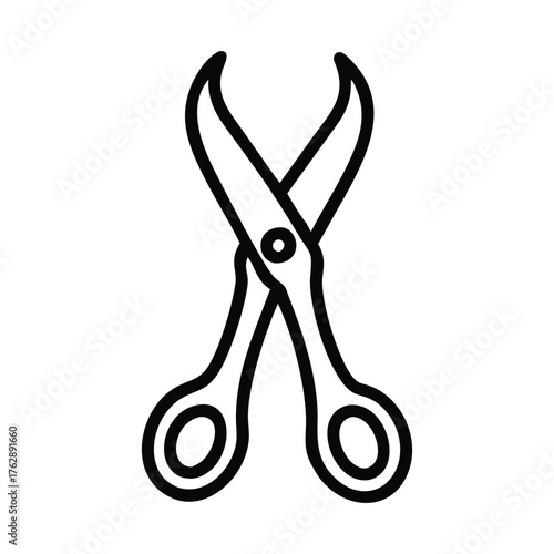 Open curved scissorlike tool with round handles depicted in a clear bold line drawing