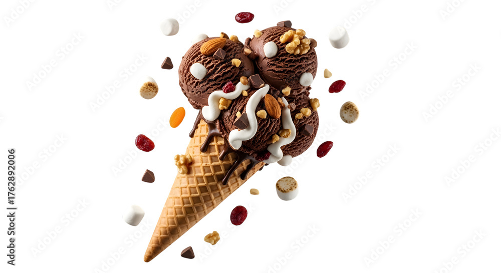 Obraz premium Rocky road ice cream cone with toppings isolated on transparent background