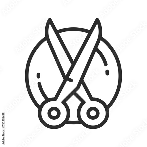 Scissors overlap a circle feature round finger holes and sharp blades Two dots mark the outer circle