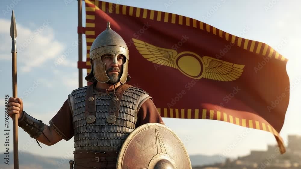 Ancient warrior in scale armor holding a spear and shield, standing ...