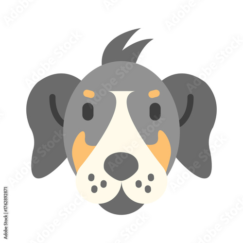 Stylized dog face gray head floppy ears cream snout with dark gray nose and spots and two tufts of hair on top