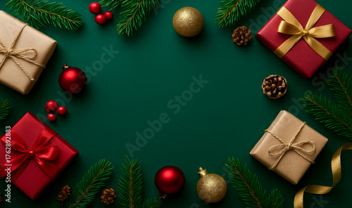 Top view of christmas presents wrapped in twine with red ornaments and pine accents on a green holiday background for seasonal greetings and new year festive decoration