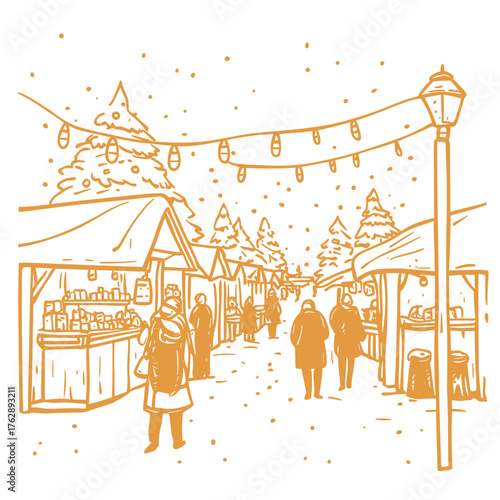 vector flat concept illustration of vibrant holiday markets during winter