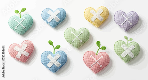 Pastel hearts with bandages and sprouts symbolize emotional healing, care, and the resilience of new beginnings, illustrating hope and recovery on a clean white surface