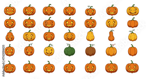 Collection of Carved Pumpkins for Halloween Various Sizes and Expressions