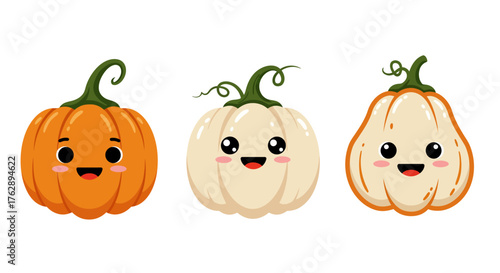 Adorable Pumpkin Trio A Cute Collection of Smiling Gourds for Autumnal Fun and Harvest Celebrations