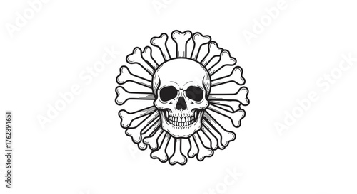 Ornate human skull with a decorative bone halo, a striking and timeless symbol of mortality and mystery, perfect for gothic-themed designs, vintage aesthetics, or impactful graphic projects