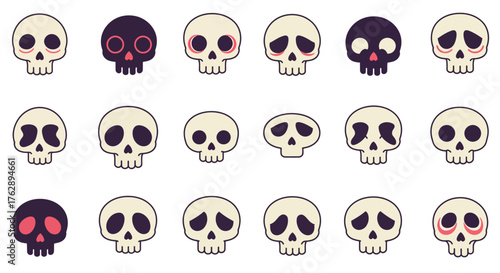 A diverse set of adorable and spooky cartoon skull icons showing different emotions from sadness to love, perfect for Halloween designs