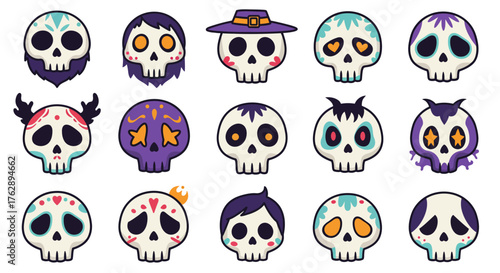 A vibrant collection of illustrated sugar skulls, featuring diverse character expressions and festive decorations. This icon set embodies cultural celebration and creative design
