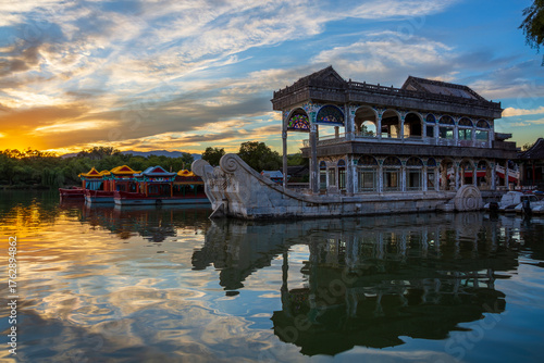 Fotografie Marble Boat dusk and evening glow scenery in Summer Palace, Beijing, China
