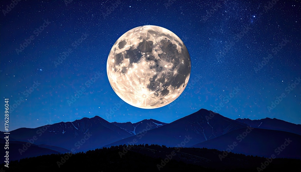Fototapeta premium Vast Starry Night Sky Over Jagged Mountains Illuminated by a Large Detailed Full Moon