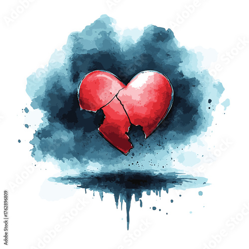 A watercolor illustration of a broken heart beneath dark clouds, symbolizing sadness and emotional turmoil.  , vector style simple color