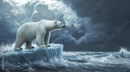 A polar bear standing on an iceberg, looking out over the open sea, with dark storm clouds gathering in the background and waves crashing against the ice.