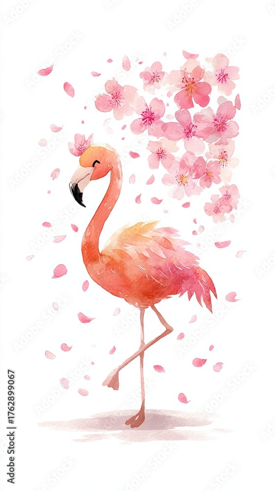 Naklejka premium A vibrant illustration of a flamingo surrounded by pink cherry blossoms, conveying a sense of beauty and elegance in nature.