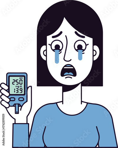 Distressed woman with high blood sugar reading on a glucose meter