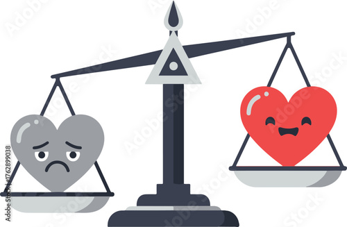 Illustration of a balanced scale with a sad grey heart on one side and a happy red heart on the other, representing emotional balance or mood swings