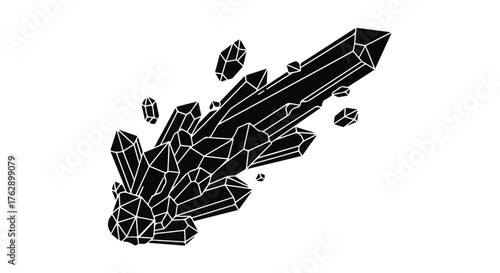 Abstract black crystal cluster with sharp geometric facets on a white background