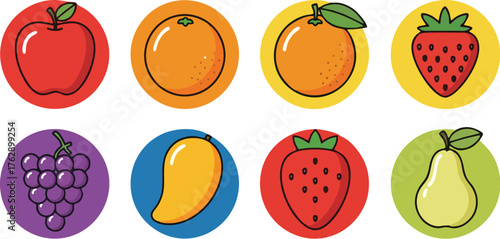 Colorful cartoon illustration of various fruits including apple, oranges, strawberries, grapes, mango, and pear in round frames.