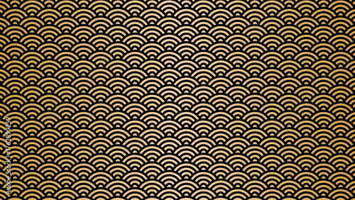 和風背景素材　黒と金の青海波模様　横長　16:9